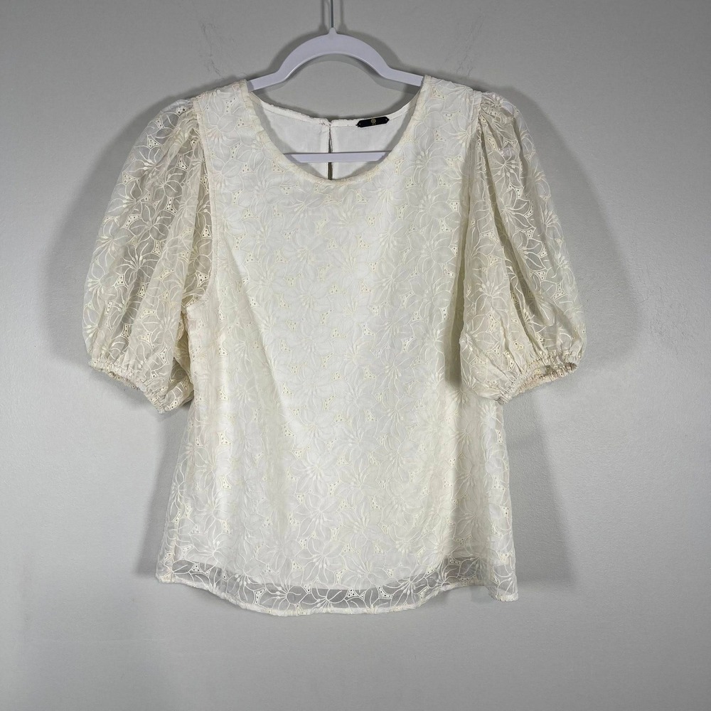 No.22 Collective Embroidered Puff Sleeve Top Womens Small Ivory‎ Floral Blouse